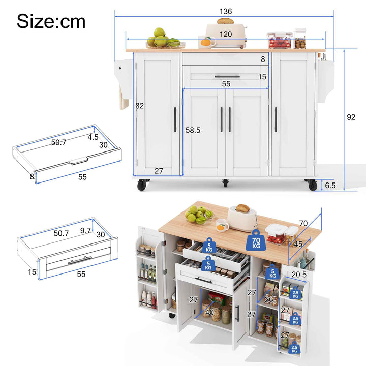 00+Kitchen Island on Wheels, White & Natural MDF, Foldable Tabletop, Adjustable Shelves, Storage Cabinets Rolling Trolley for Dining Room VERTEXZYR