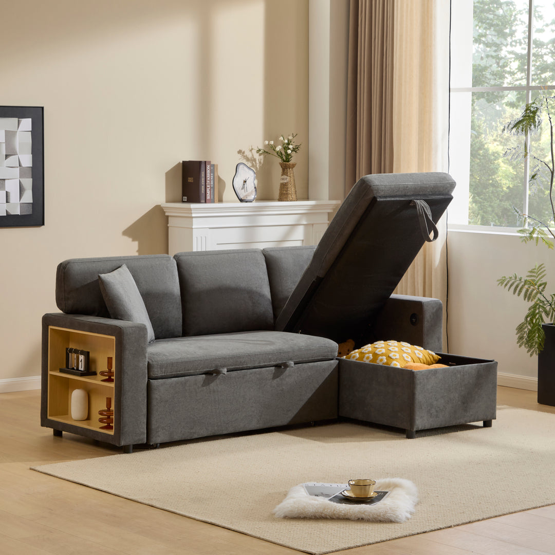 Grey L-shaped corner sofa bed, side shelf with integrated USB and storage VOLATILGAS