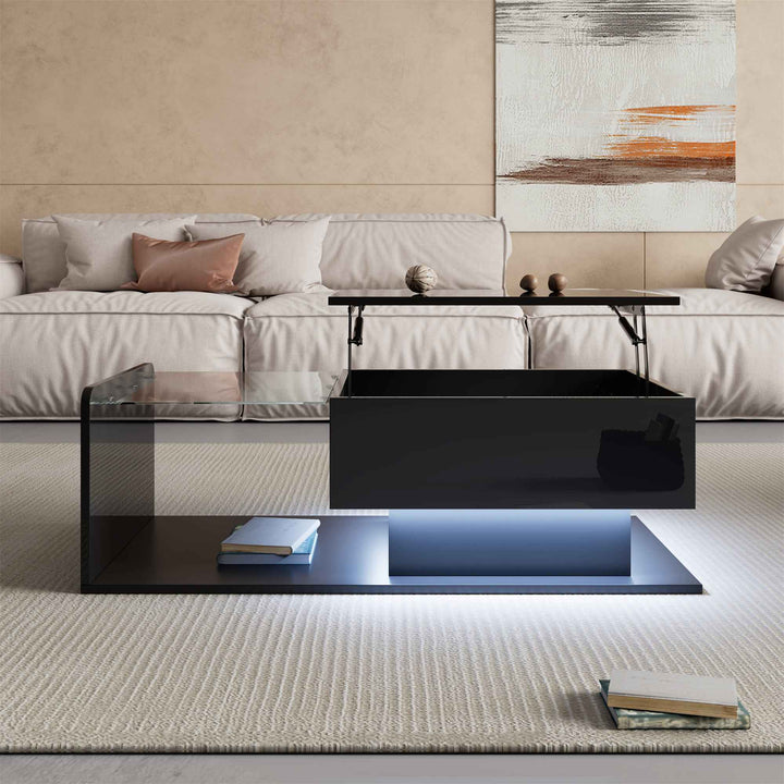 High gloss black coffee table with lift up top, LED lighting 100x50cm FLARERYLOTH