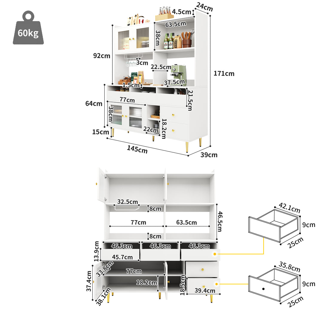 Modern white kitchen cabinet cupboard fluted glass doors, wine rack, and gold accents FROSTGLEN