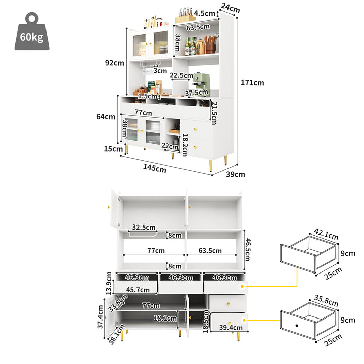 Modern white kitchen cabinet cupboard fluted glass doors, wine rack, and gold accents FROSTGLEN