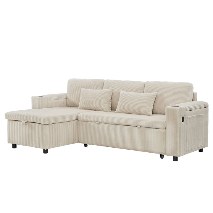 Beige corduroy 3-seater sofa bed trundle bed with storage and USB ports SPELEOTHEM UK