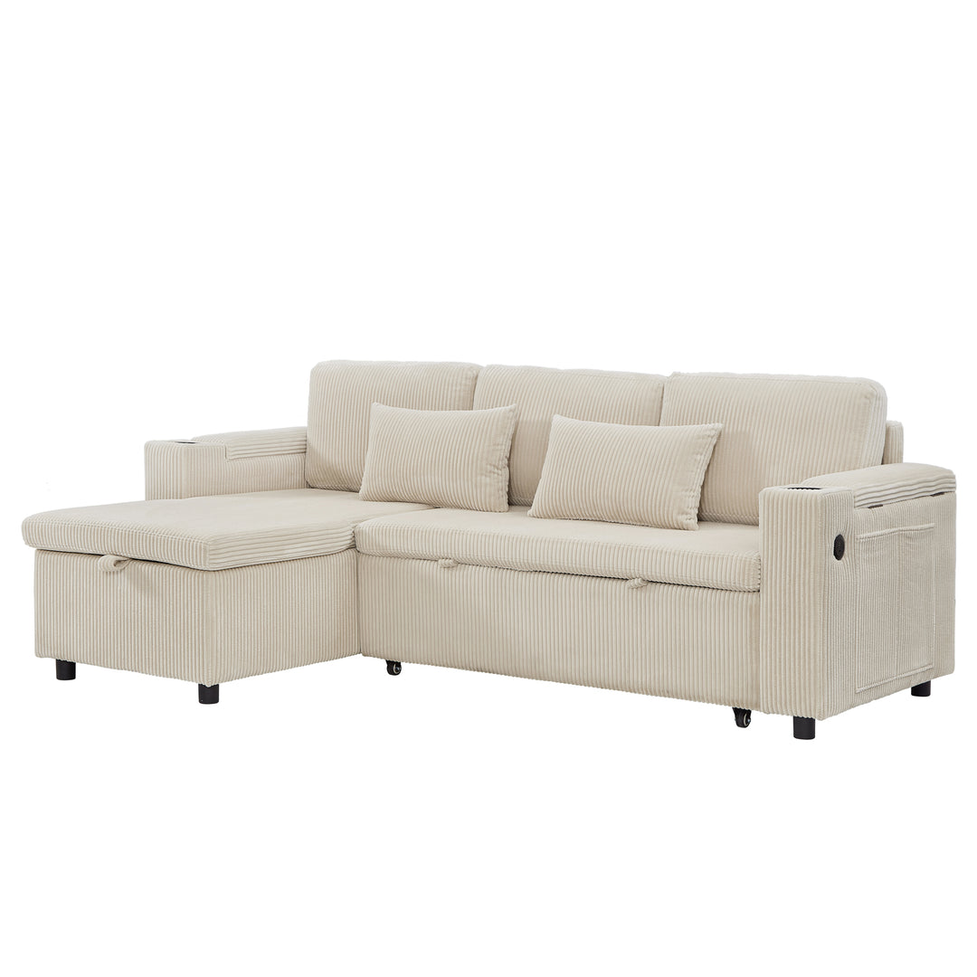 Beige corduroy 3-seater sofa bed trundle bed with storage and USB ports SPELEOTHEM UK