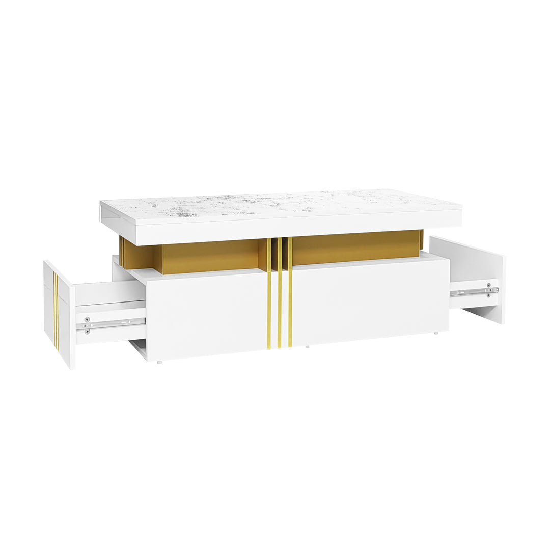 White marble look coffee table with gold accents and 2 drawers CREPUSCRAY