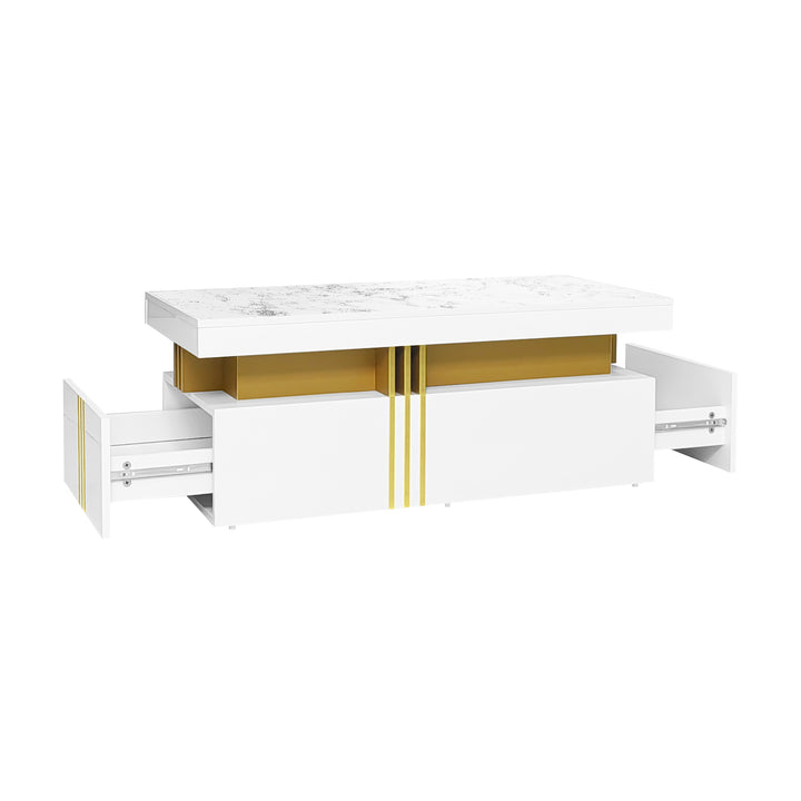 White marble look coffee table with gold accents and 2 drawers CREPUSCRAY