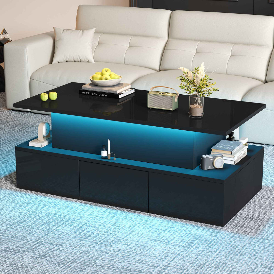 Lift top black high gloss coffee table with 4 drawers and LED lighting INFINITECASCADEE