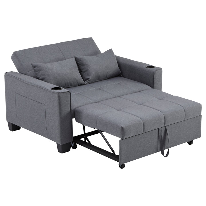 Gray fabric convertible 2-seater sofa bed pull-out design, adjustable backrest, and storage FROSTSTONE
