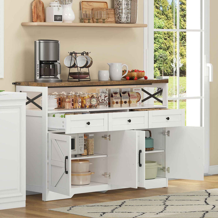 00+Sideboard 140cm Rustic White Storage Cabinet with 3 Drawers for Kitchen, Living Room VERTEXVAEL