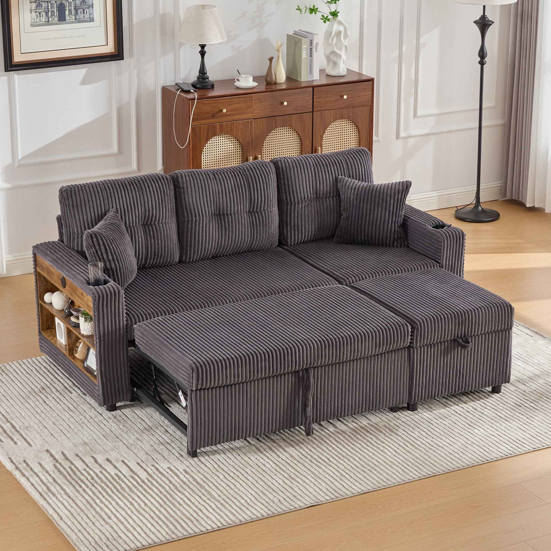 Corduroy convertible sofa with pull-out couch bed and storage, USB-C, LED lights, cup holders, dark grey 196cm RACKECO