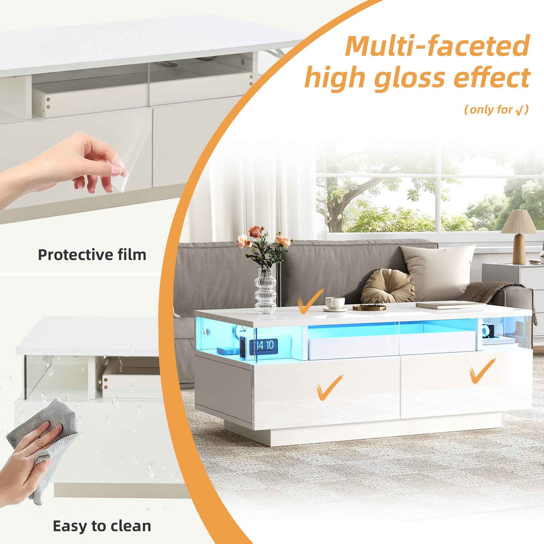 White high gloss coffee table with LED lights, 2 drawers, pull-out tray FLAREVORNAX