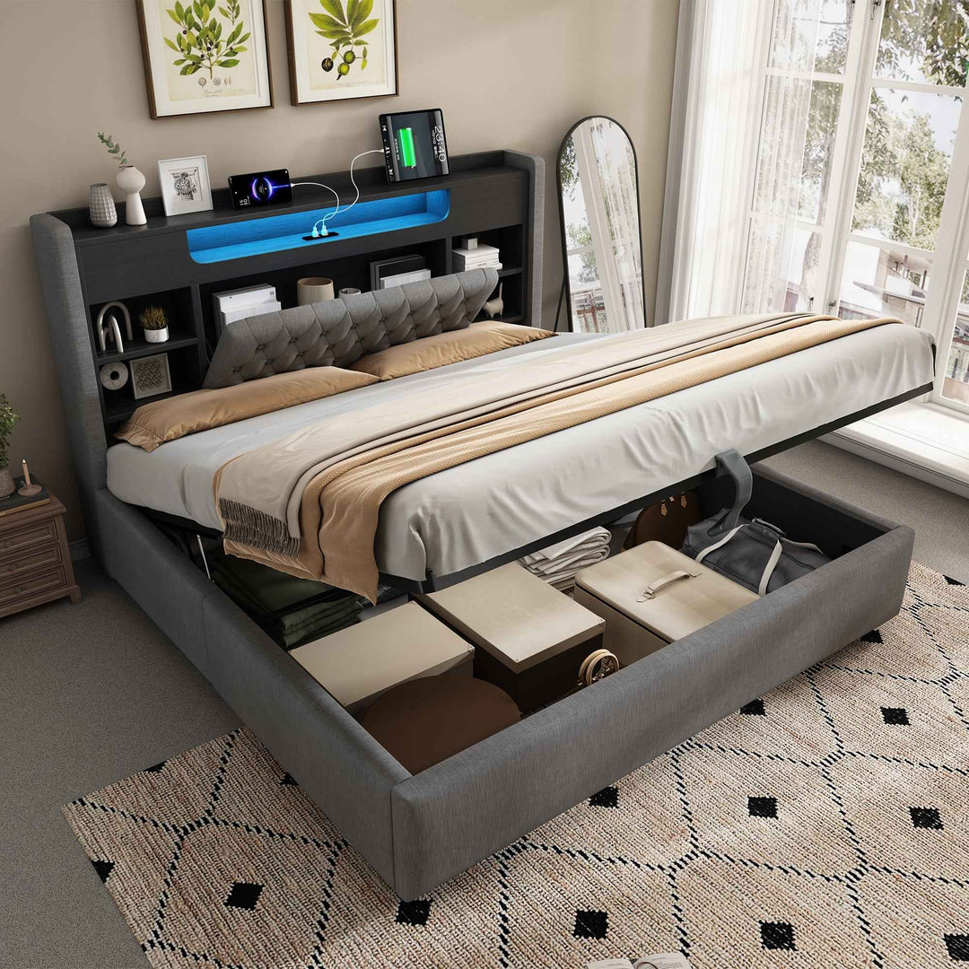 00+Super King Bed Frame 180x200cm with Hydraulic Storage, LED Headboard, Grey, No Mattress COMPACTWARDROBE
