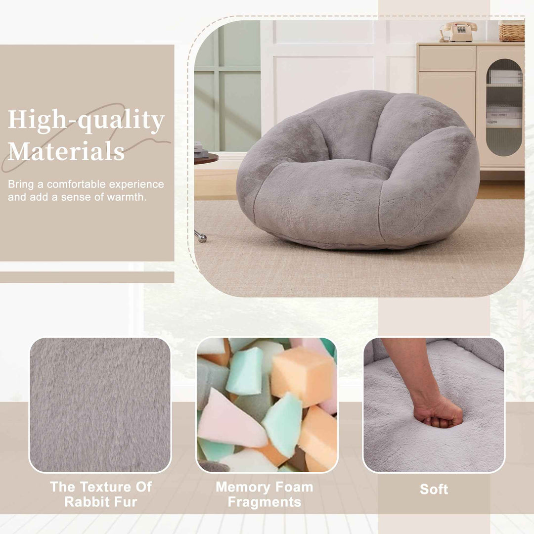 Lazy chair shell shaped sofa light grey faux fur, memory foam bean bag chair removable cover