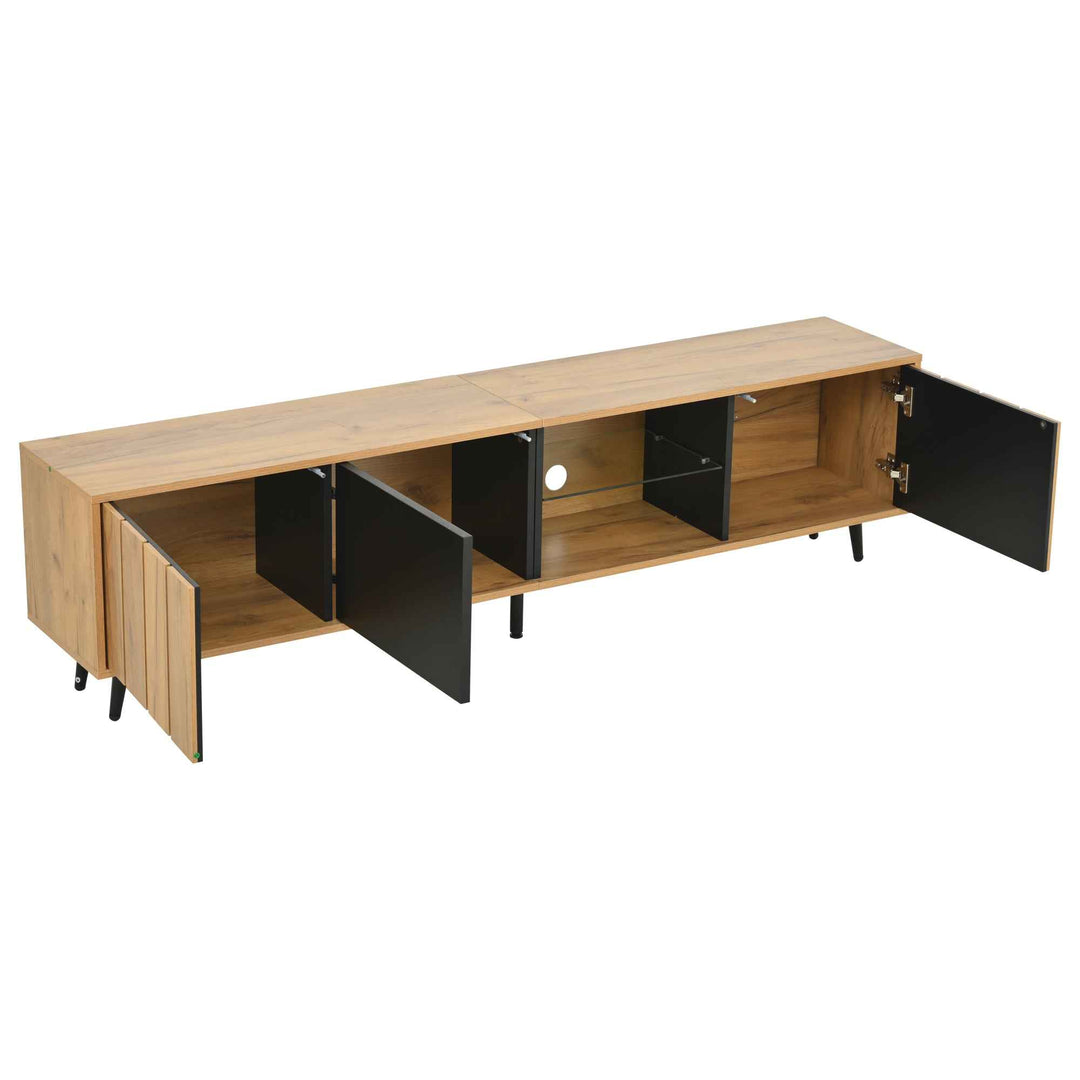 TV stand cabinet wood look & black, 3 doors glass shelf FLAREKRYOS