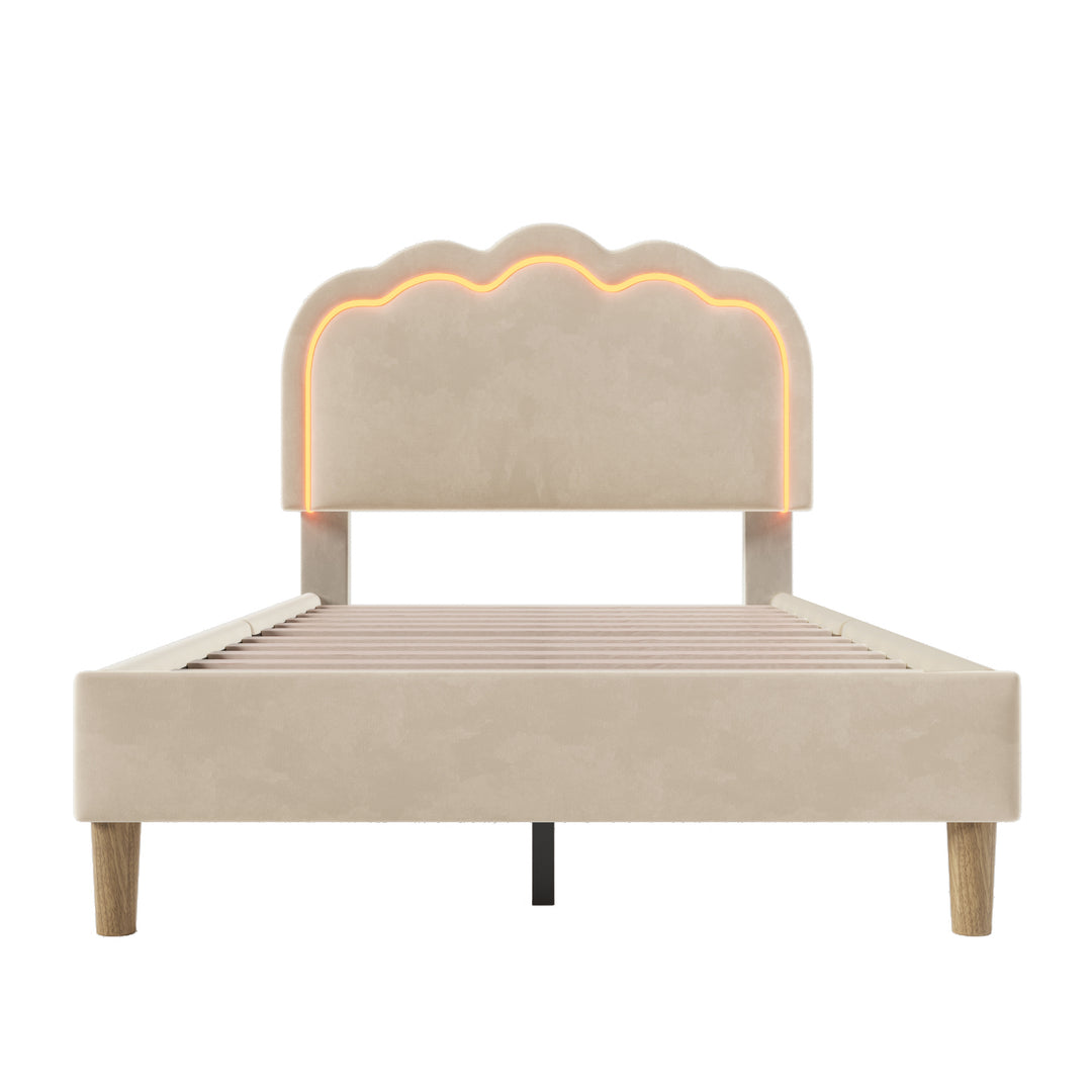 Beige velvet upholstered divan bed frame with LED, headboard height adjustable INDROX BEIGE UK