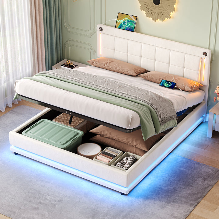 Beige velvet king ottoman end opening bed with LED lighting and charging station (150*200cm) DUSKHAVEN