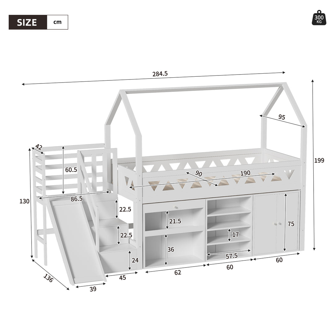 White wooden loft children single bed with slide, stairs, and storage (90x190cm) BLOOMPEAK