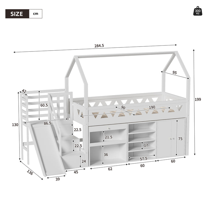 White wooden loft children single bed with slide, stairs, and storage (90x190cm) BLOOMPEAK