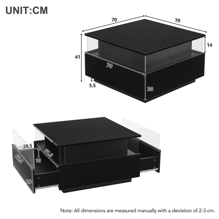 Modern LED light high gloss black square coffee table with 2 drawers THERAPY