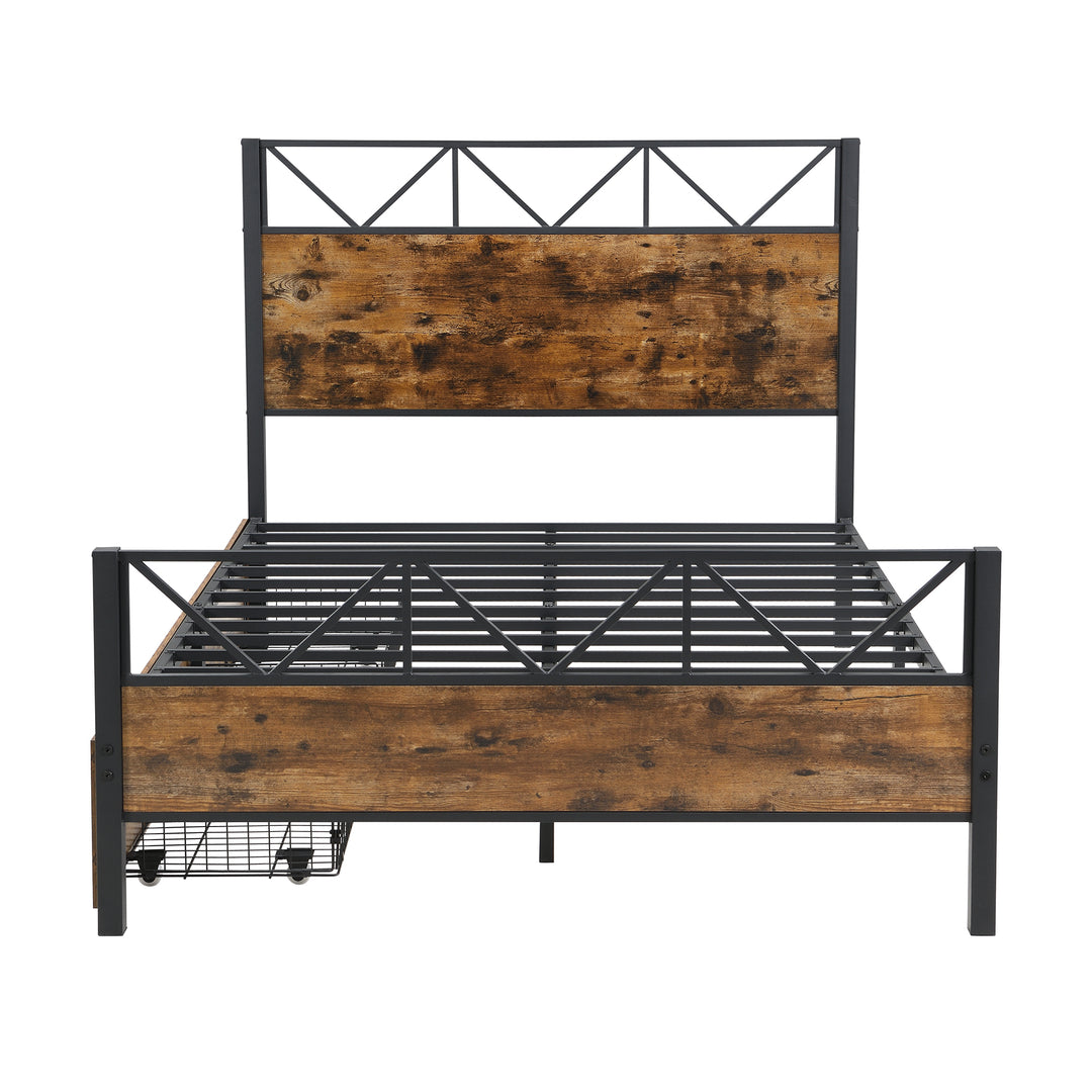 Industrial style double bed frame black wood with 2 storage drawers 135x190cm ELEMENTALIS