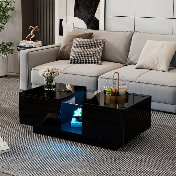 Black high gloss coffee table with 2 drawers with 16-Color LED lights 100*35cm SCALESKIN