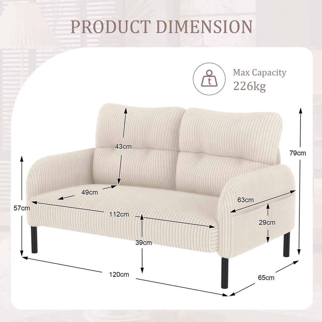 00+Loveseat Sofa Corduroy Fabric Beige 2 Seater, High Rebound Spring, for Living Room & Bedroom NOVAITY