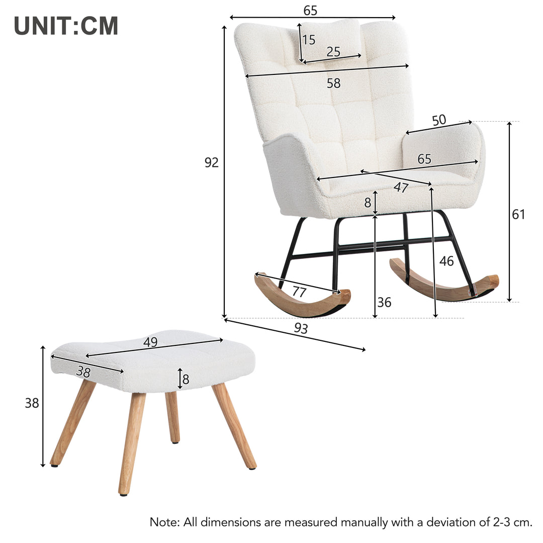 White bouclé fabric rocking chair with footstool and neck pillow PHLOEM