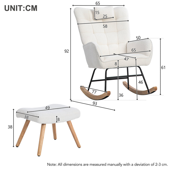 White bouclé fabric rocking chair with footstool and neck pillow PHLOEM