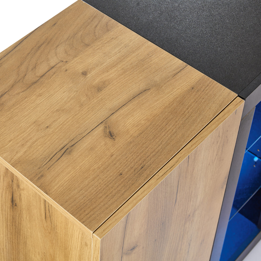 Wooden and Black Sideboard Cabinet with 3 Drawers, Glass Shelves and LED Lights 140 cm TRISHELF