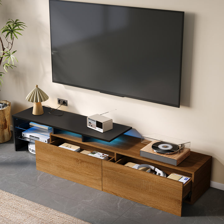 Black wooden finish TV cabinet with glass shelves and LED lighting KNEEJOINT