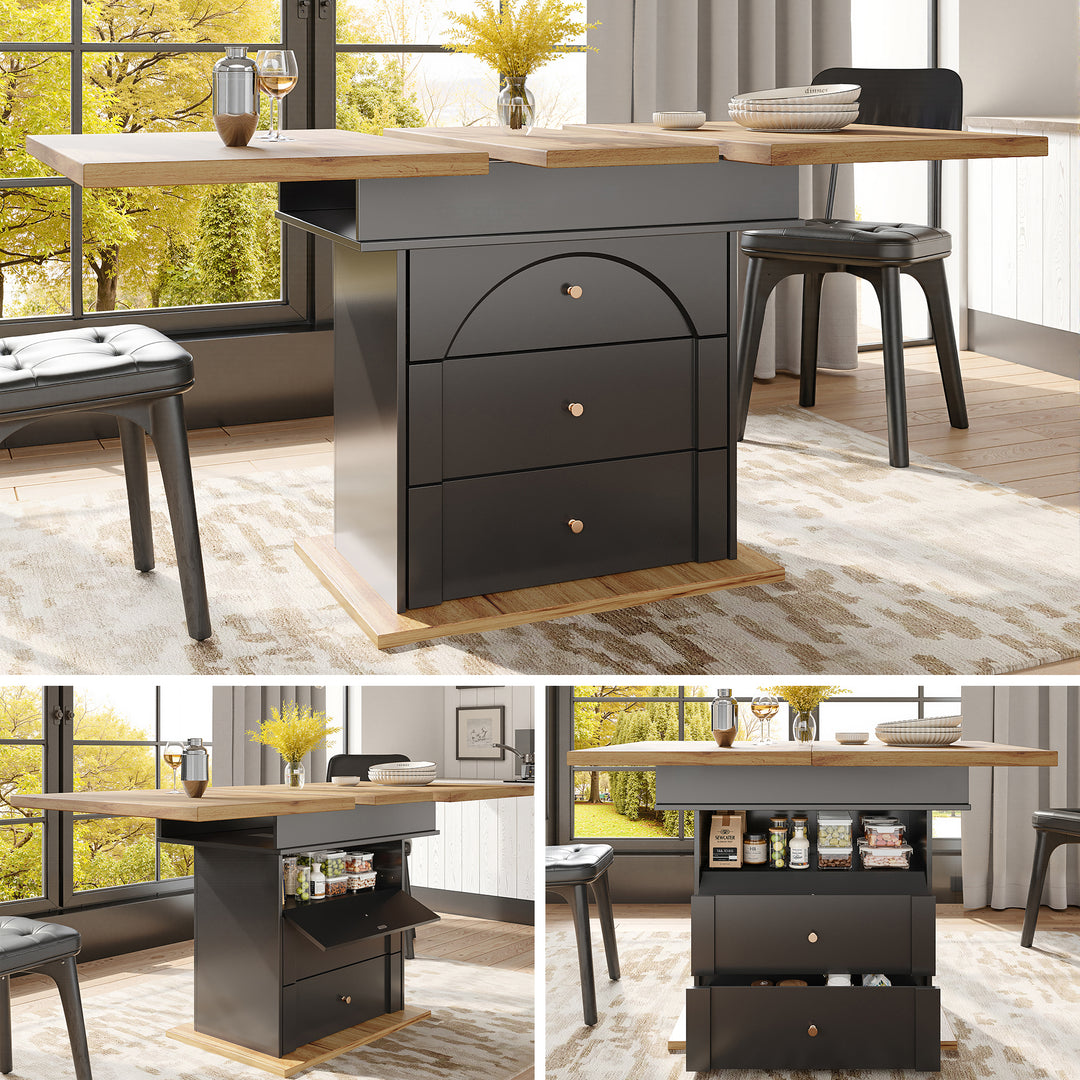 Extendable wooden dining table (110-140×80 cm) black shlef and 2 drawers SUNSPOT