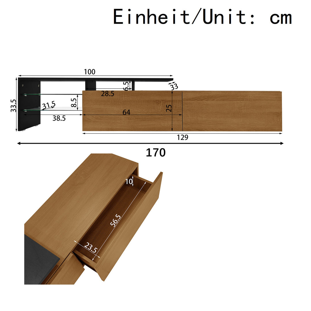 Black wooden finish TV cabinet with glass shelves and LED lighting KNEEJOINT