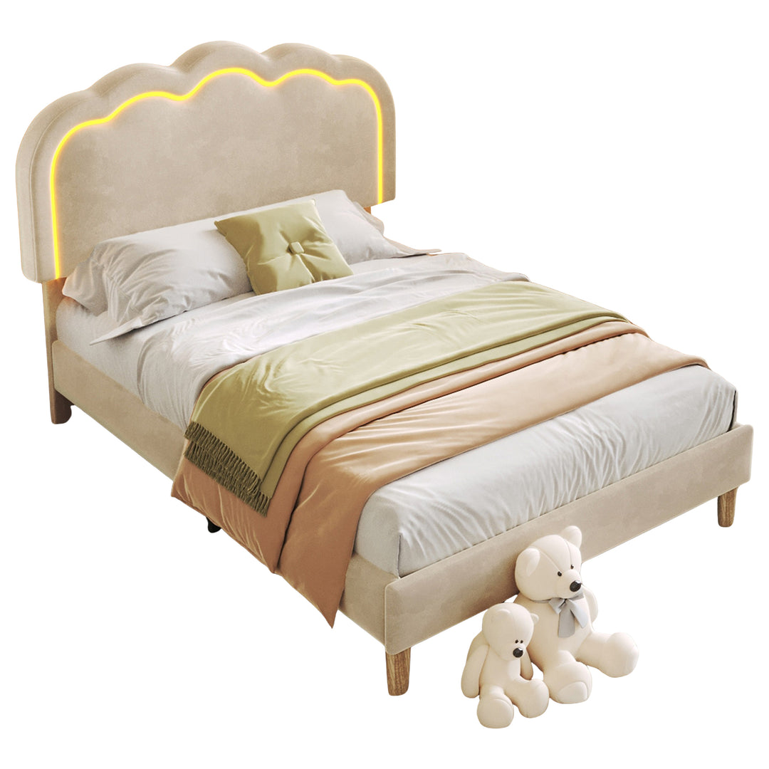Beige velvet upholstered divan bed frame with LED, headboard height adjustable INDROX BEIGE UK