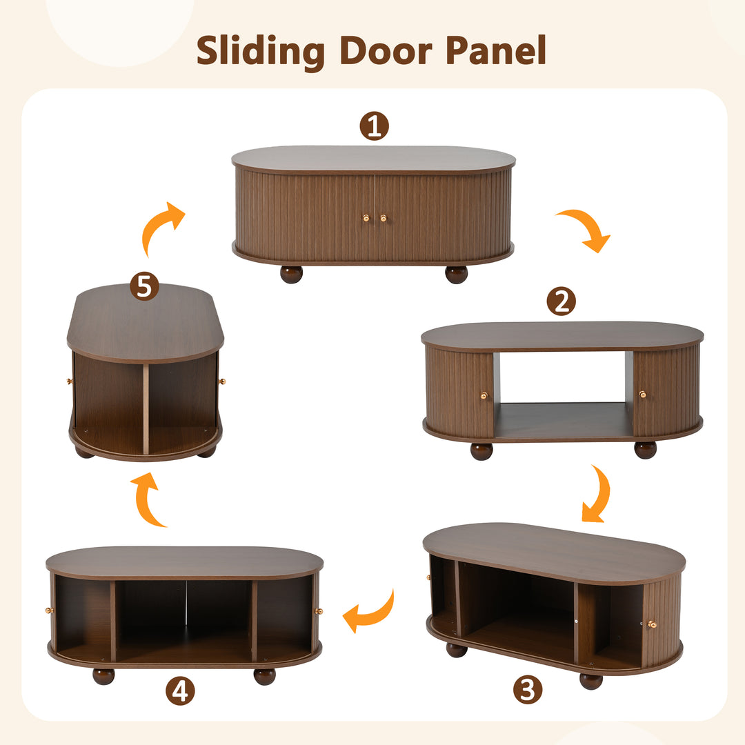 Retro wooden look oval coffee table with 2 sliding storage doors CUNEIFORMWEDGE