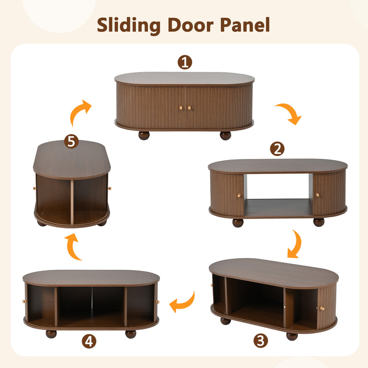 Retro wooden look oval coffee table with 2 sliding storage doors CUNEIFORMWEDGE