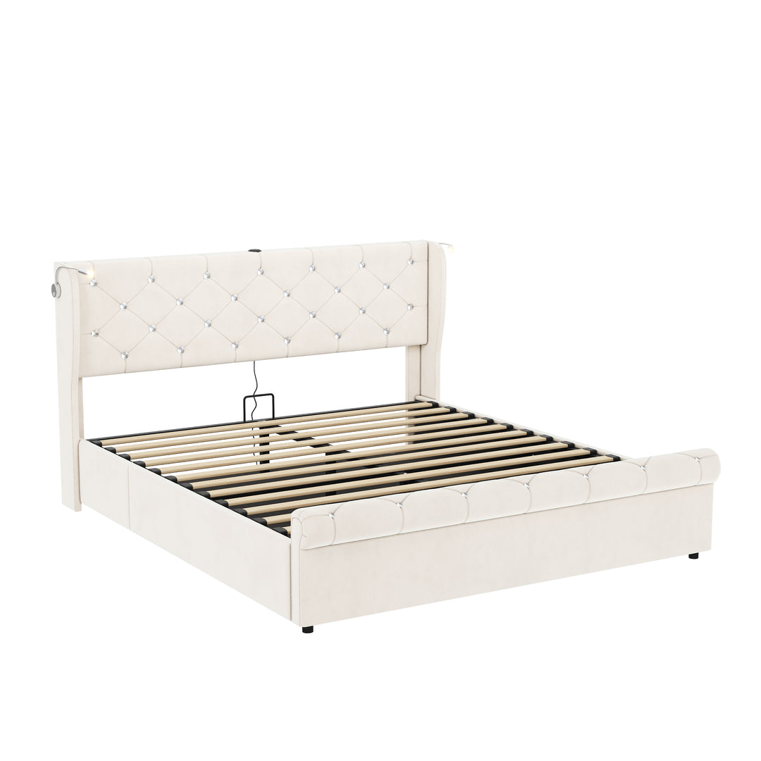 Velvet beige king size ottoman bed end opening with USB reading light 150x200cm PINNACLEION