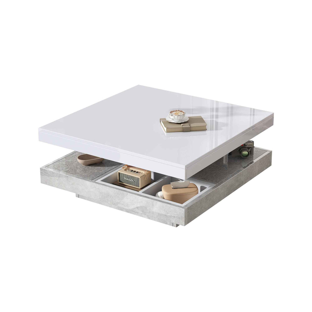 Rotating 360° white high-gloss coffee table marble-patterned, double-layer storage FLARENEXUSA