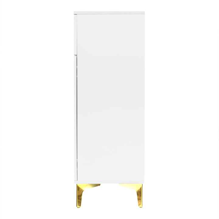 White shoe cabinet with textured panels and golden legs FERNCREST UK
