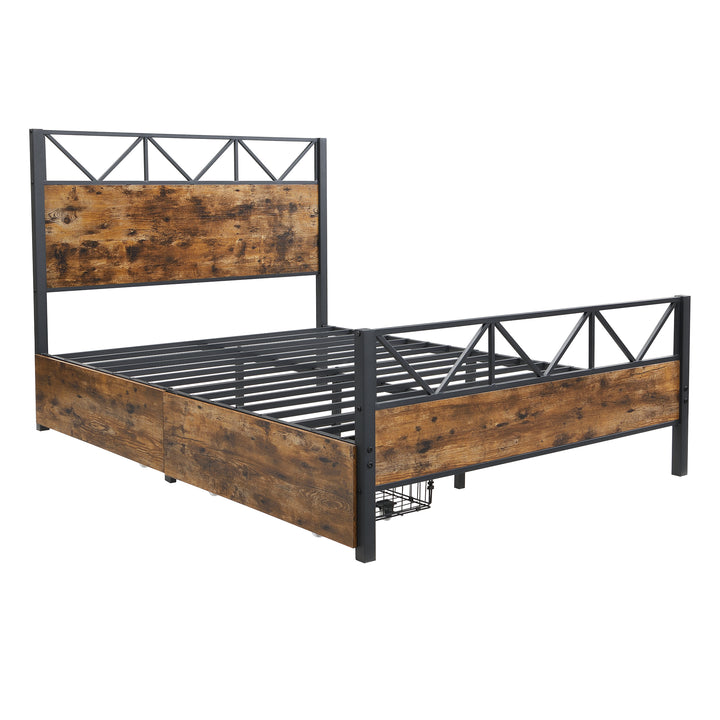 Industrial style double bed frame black wood with 2 storage drawers 135x190cm ELEMENTALIS