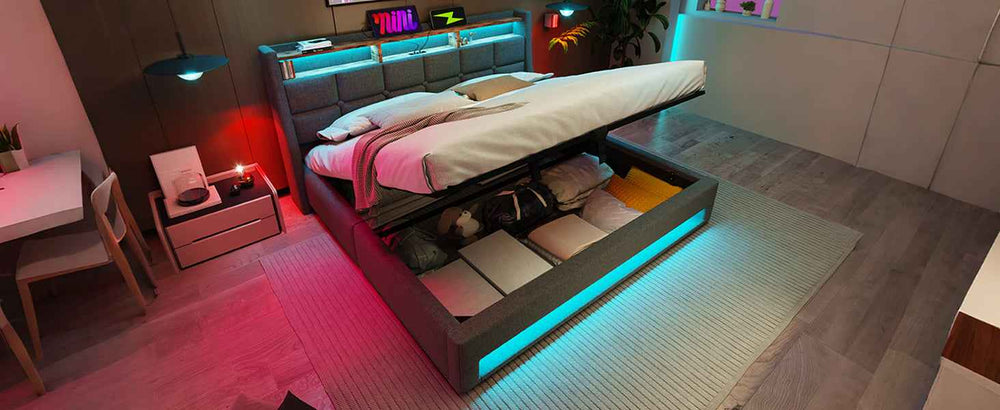 King Size Upholstered Bed Frame 150x200cm Grey Linen with LED Lighting, USB Type-C Charging, Storage Headboard, Metal Slats, No Mattress