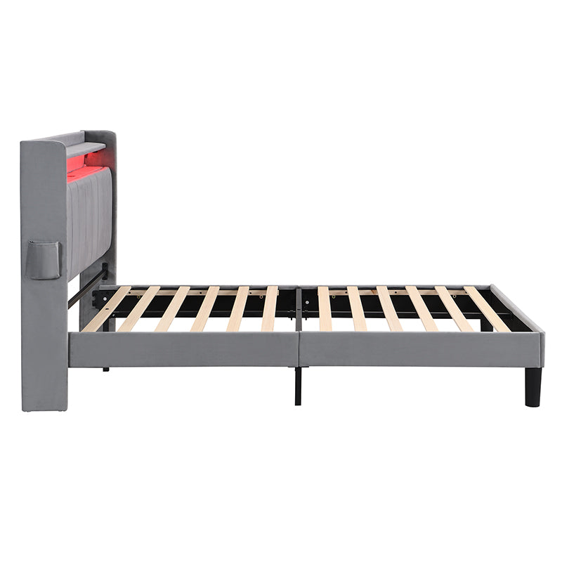 Upholstered velvet grey double bed with storage headboard, LED lighting and charging ports 135x190cm FIRNSNOW UK