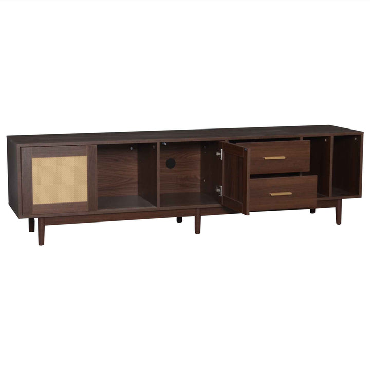 TV stand dark wood vintage look with rattan sliding doors & 2 drawers  INFINITERIF
