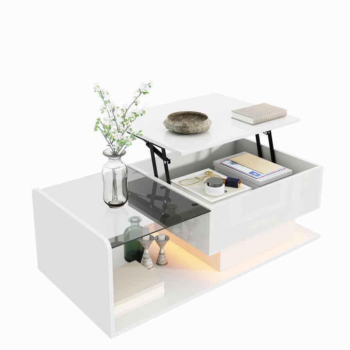 White high-gloss rectangular coffee table and LED lighting with glass top LUNG
