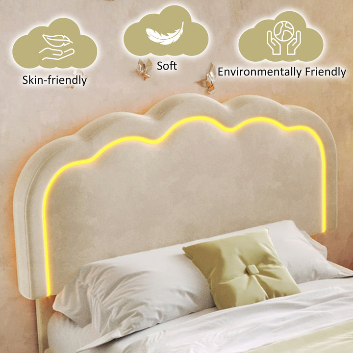 Beige velvet upholstered divan bed frame with LED, headboard height adjustable INDROX BEIGE UK