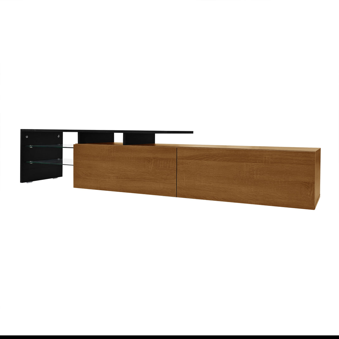 Black wooden finish TV cabinet with glass shelves and LED lighting KNEEJOINT