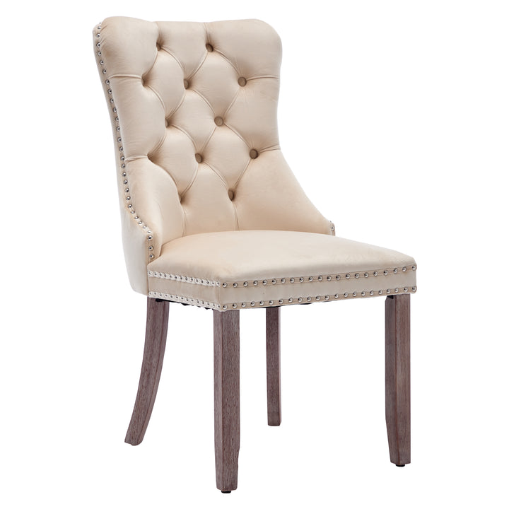 Set of 4 dining chairs velvet beige tufted with solid wood legs, nailheads and back chrome ring ELYSIUMAL