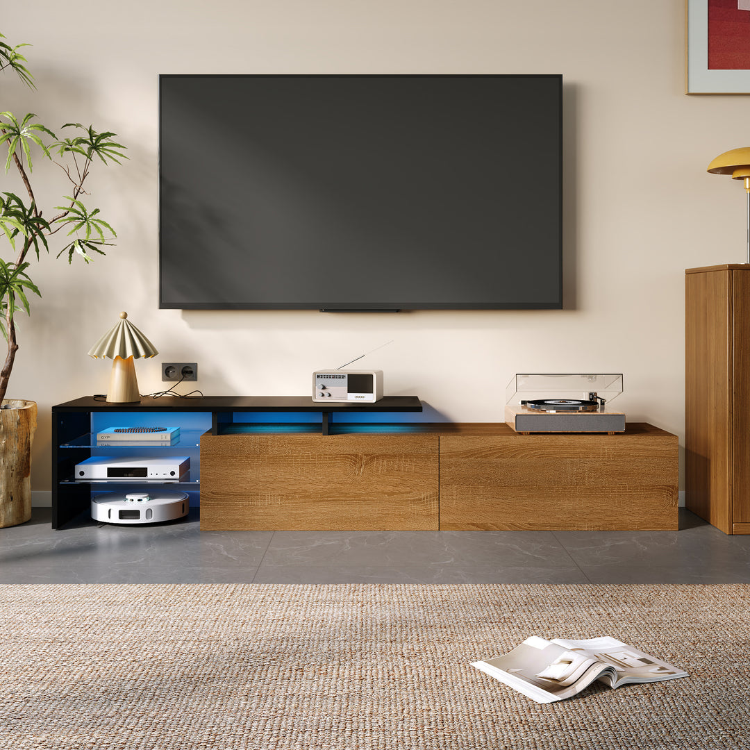 Black wooden finish TV cabinet with glass shelves and LED lighting KNEEJOINT