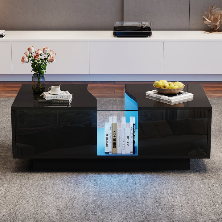 Black high gloss coffee table with 2 drawers with 16-Color LED lights 100*35cm SCALESKIN