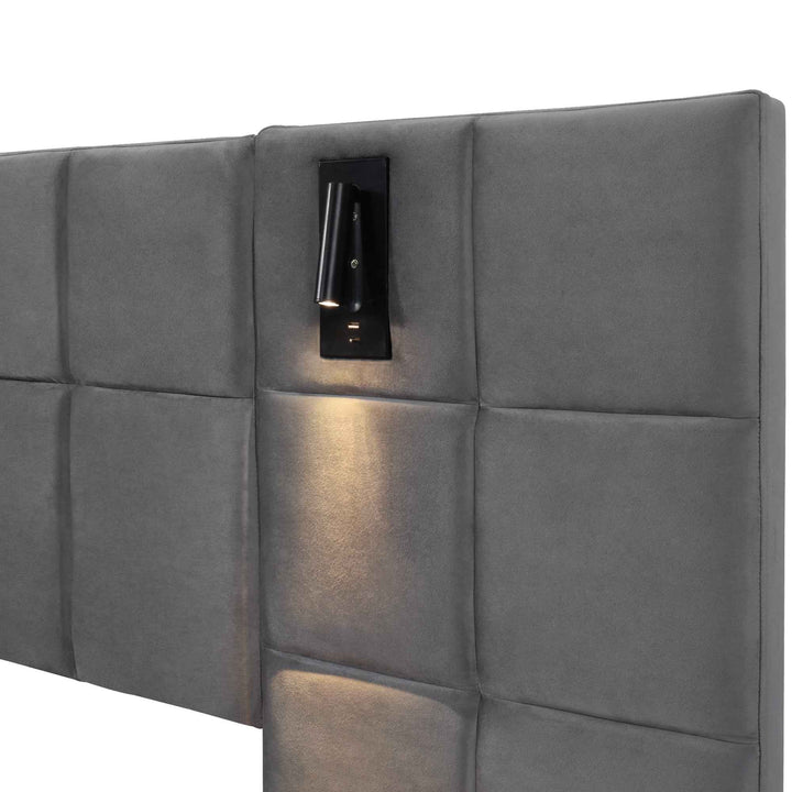 Super king size upholstered ottoman bed 6ft velvet grey with USB charging & lamp, wide headboard no mattress or bedside tables