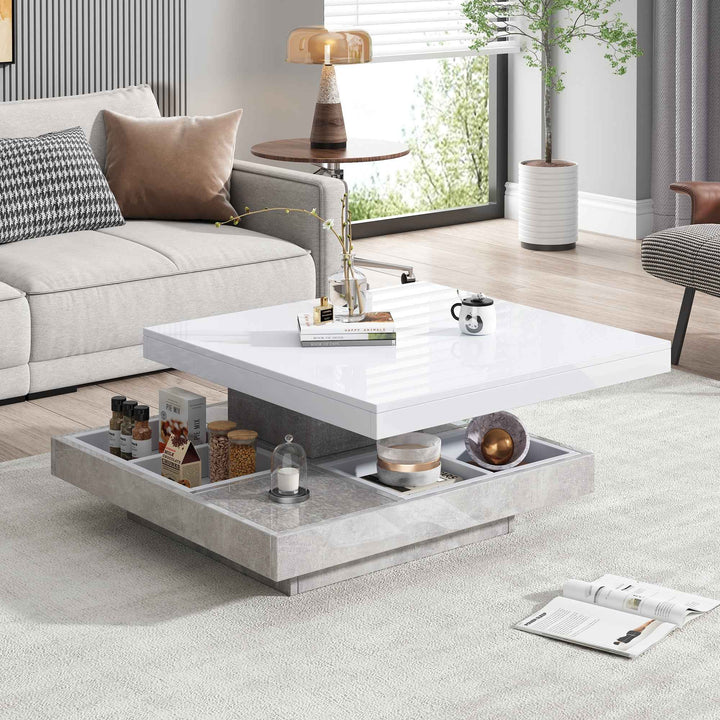 Rotating 360° white high-gloss coffee table marble-patterned, double-layer storage FLARENEXUSA