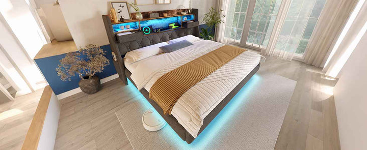 Double Upholstered Bed 4ft6 with LED Lighting, USB Type-C Charging, Storage Headboard, Linen Grey, 135x190cm, Floating Design, No Mattress